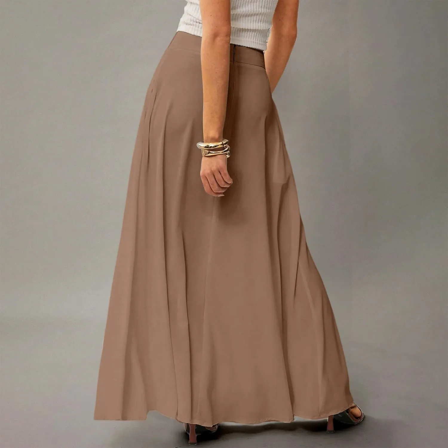 Long Maxi Skirts for Women Solid Color Pleated Flowy Swing A Line Skirt Beach Vacation Skorts with Pockets