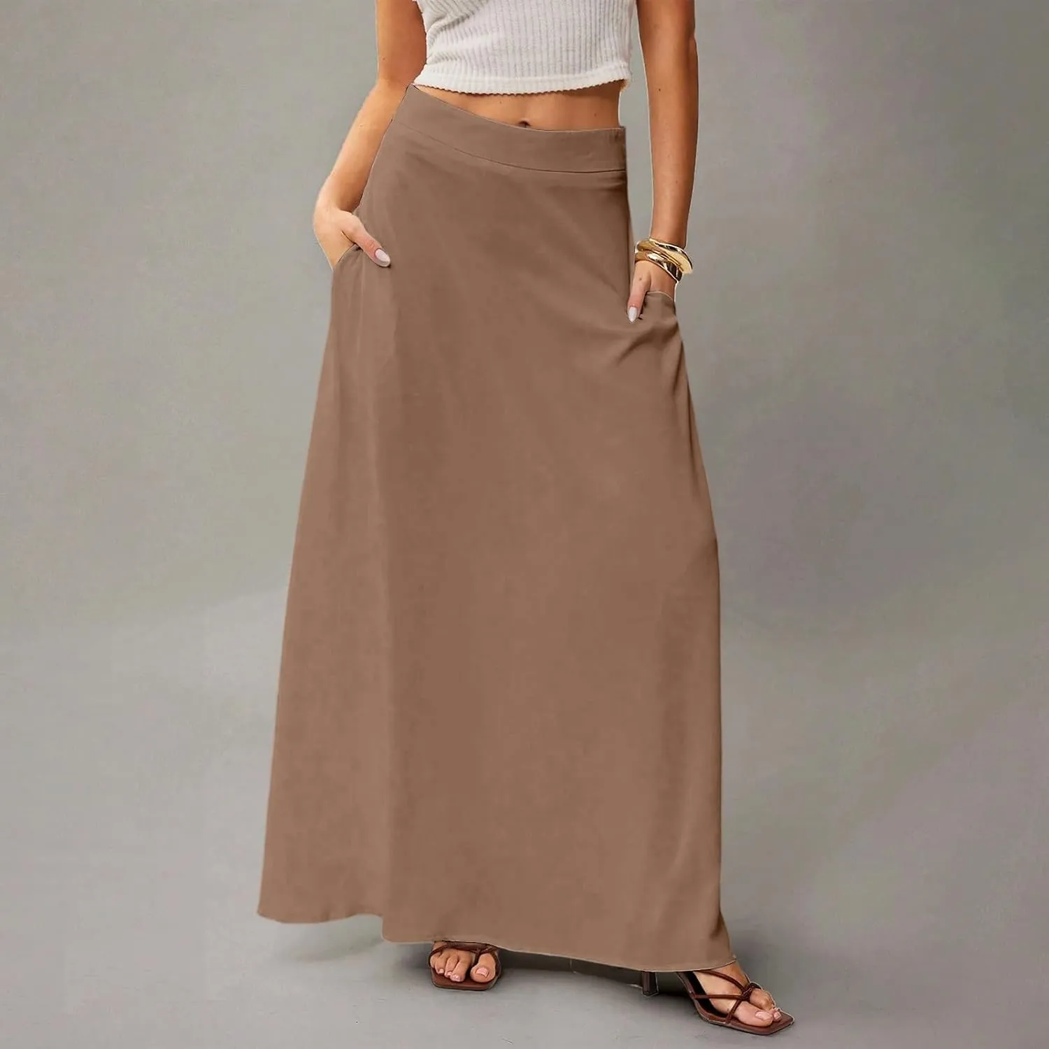 Long Maxi Skirts for Women Solid Color Pleated Flowy Swing A Line Skirt Beach Vacation Skorts with Pockets