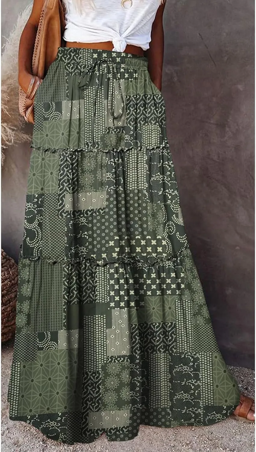 Long Skirts for Women Summer Elastic Waist Peasant Casual Festival Trendy Vacation Floral Beach Pleated Country Swing Skirts