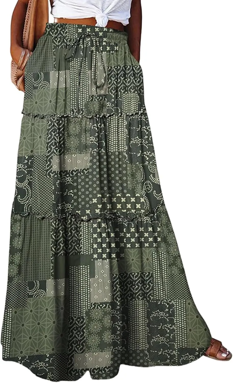 Long Skirts for Women Summer Elastic Waist Peasant Casual Festival Trendy Vacation Floral Beach Pleated Country Swing Skirts