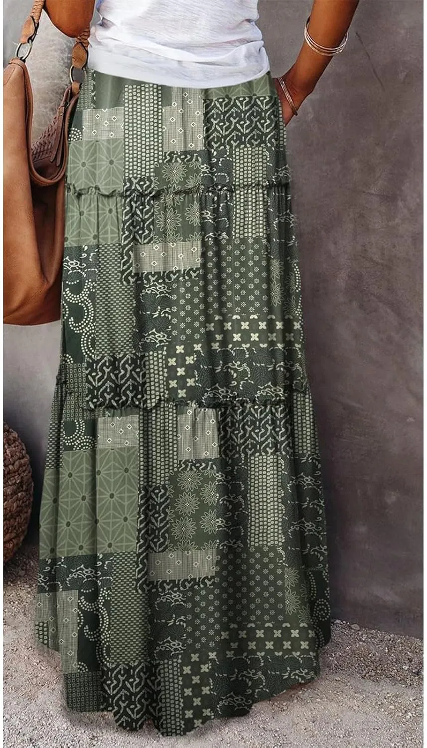 Long Skirts for Women Summer Elastic Waist Peasant Casual Festival Trendy Vacation Floral Beach Pleated Country Swing Skirts