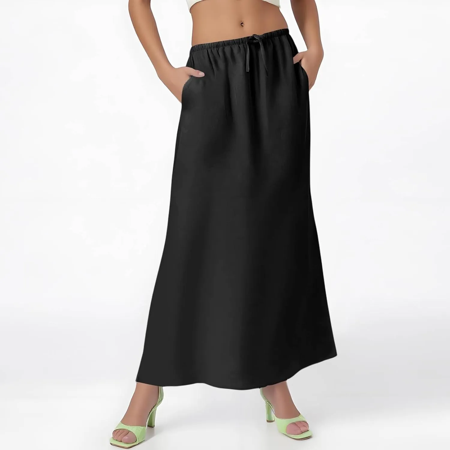 Maxi Linen Flare Skirts for Women Trendy Summer with Slit Drawstring Elastic Waist Long Flowy Low Rise A Line Skorts
