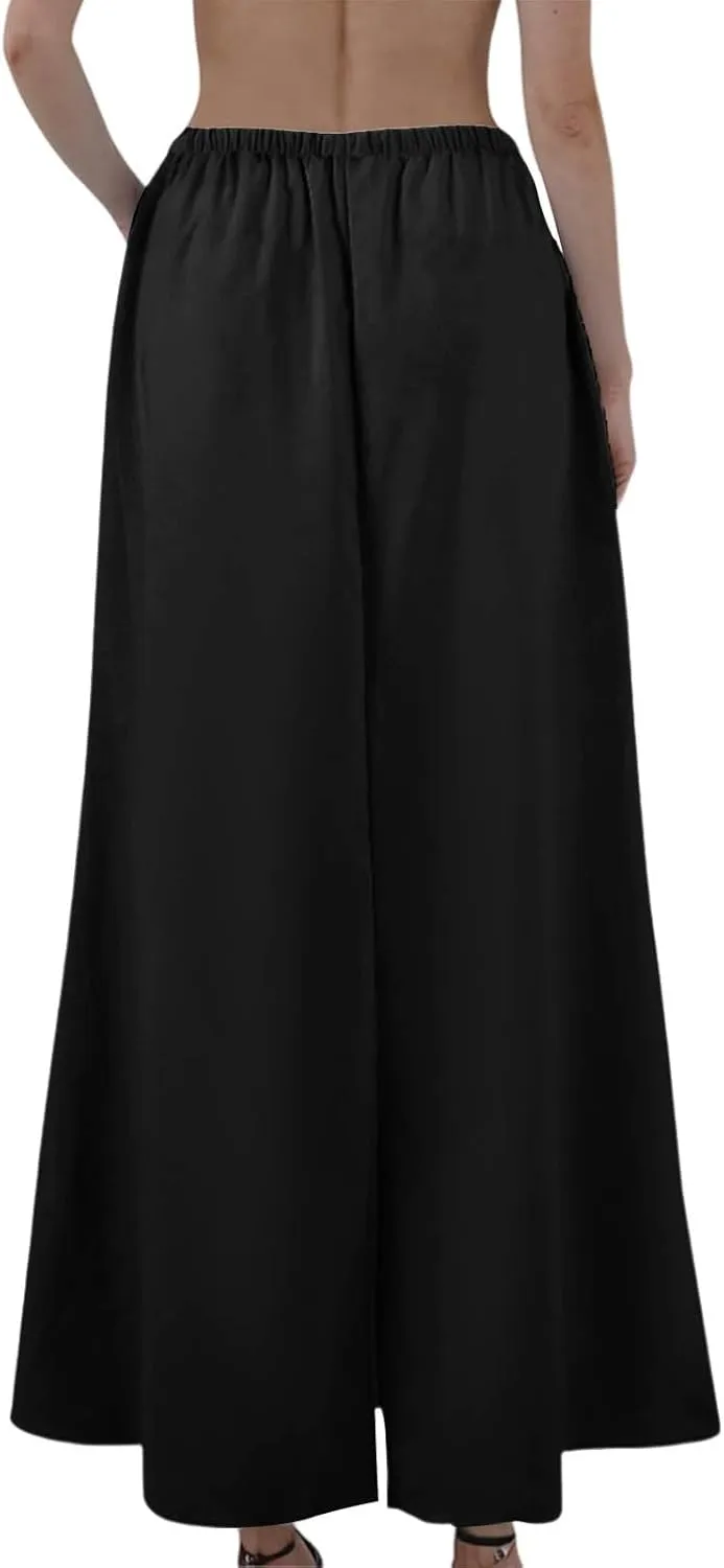 Maxi Linen Flare Skirts for Women Trendy Summer with Slit Drawstring Elastic Waist Long Flowy Low Rise A Line Skorts