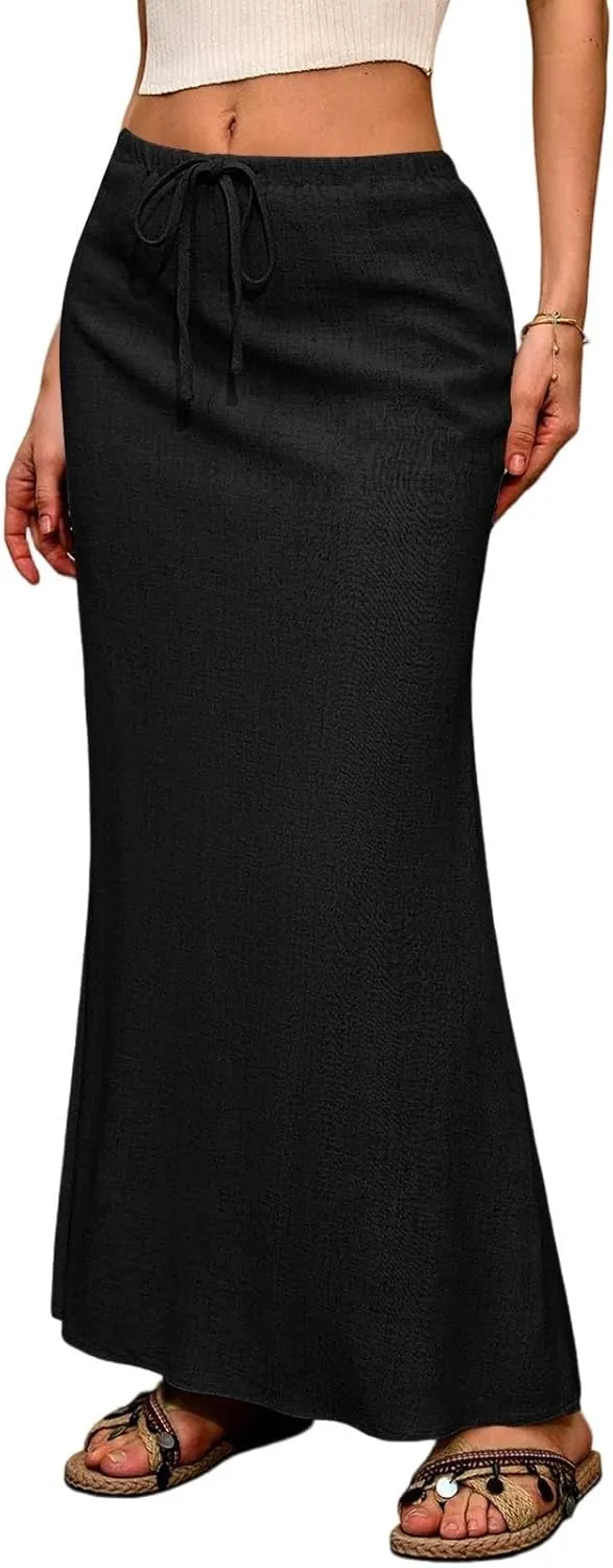 Maxi Linen Flare Skirts for Women Trendy Summer with Slit Drawstring Elastic Waist Long Flowy Low Rise A Line Skorts