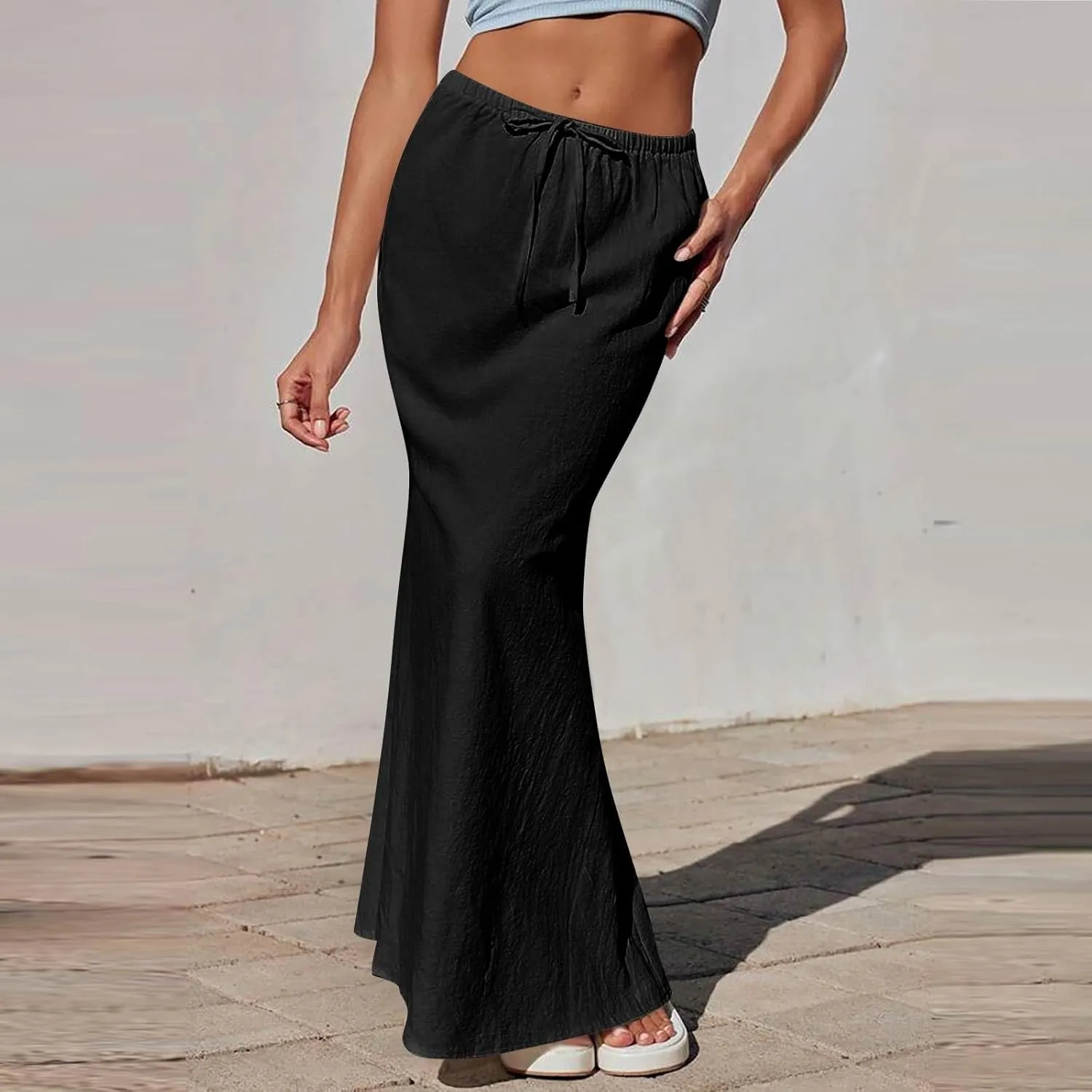 Maxi Linen Flare Skirts for Women Trendy Summer with Slit Drawstring Elastic Waist Long Flowy Low Rise A Line Skorts