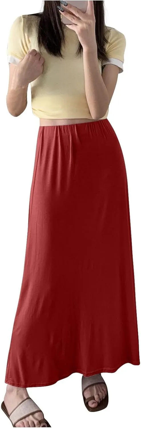 Maxi Skirts for Women Trendy Summer Comfy Stretchy Waist A Line Skirt Cute Vacation Boho Solid Long Flowy Skirts