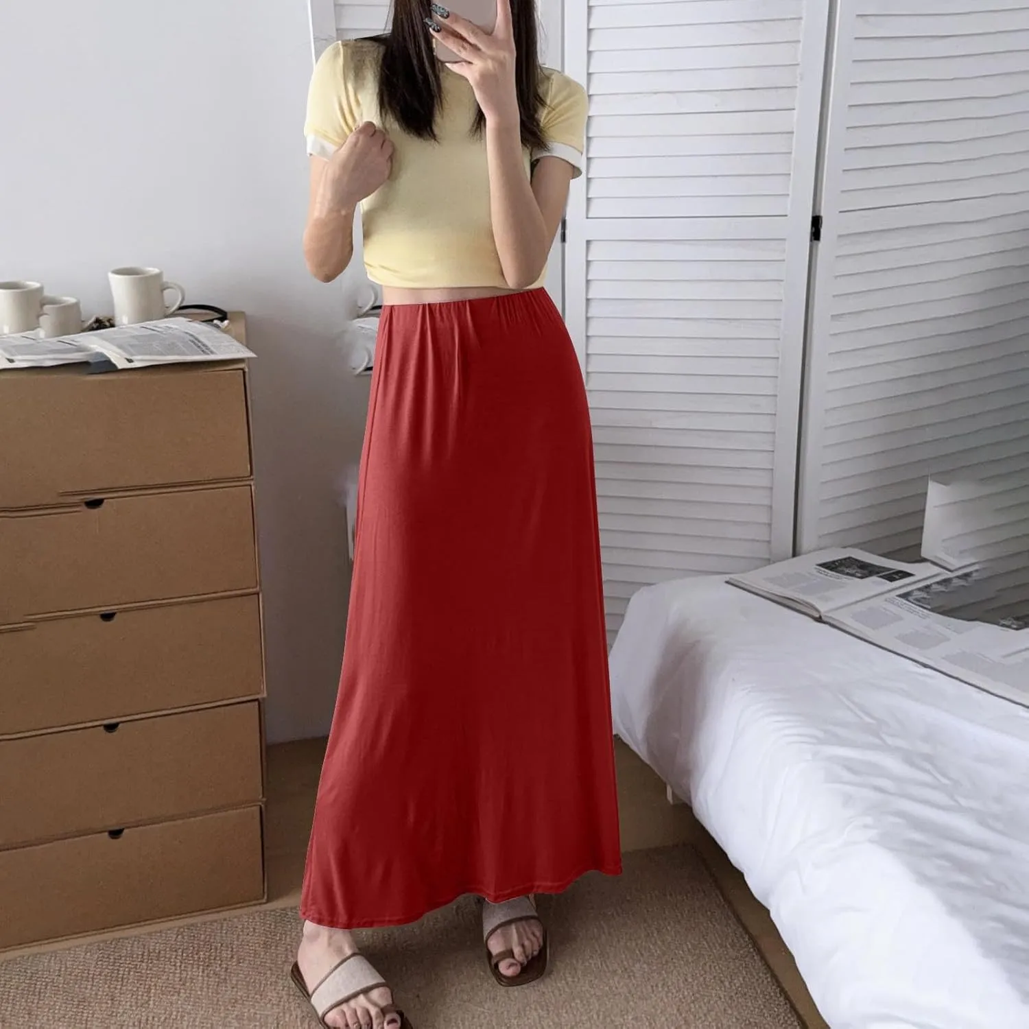 Maxi Skirts for Women Trendy Summer Comfy Stretchy Waist A Line Skirt Cute Vacation Boho Solid Long Flowy Skirts