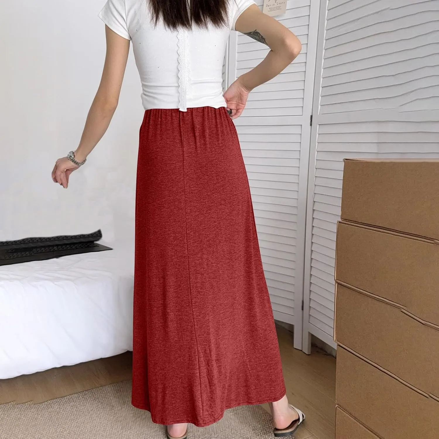 Maxi Skirts for Women Trendy Summer Comfy Stretchy Waist A Line Skirt Cute Vacation Boho Solid Long Flowy Skirts