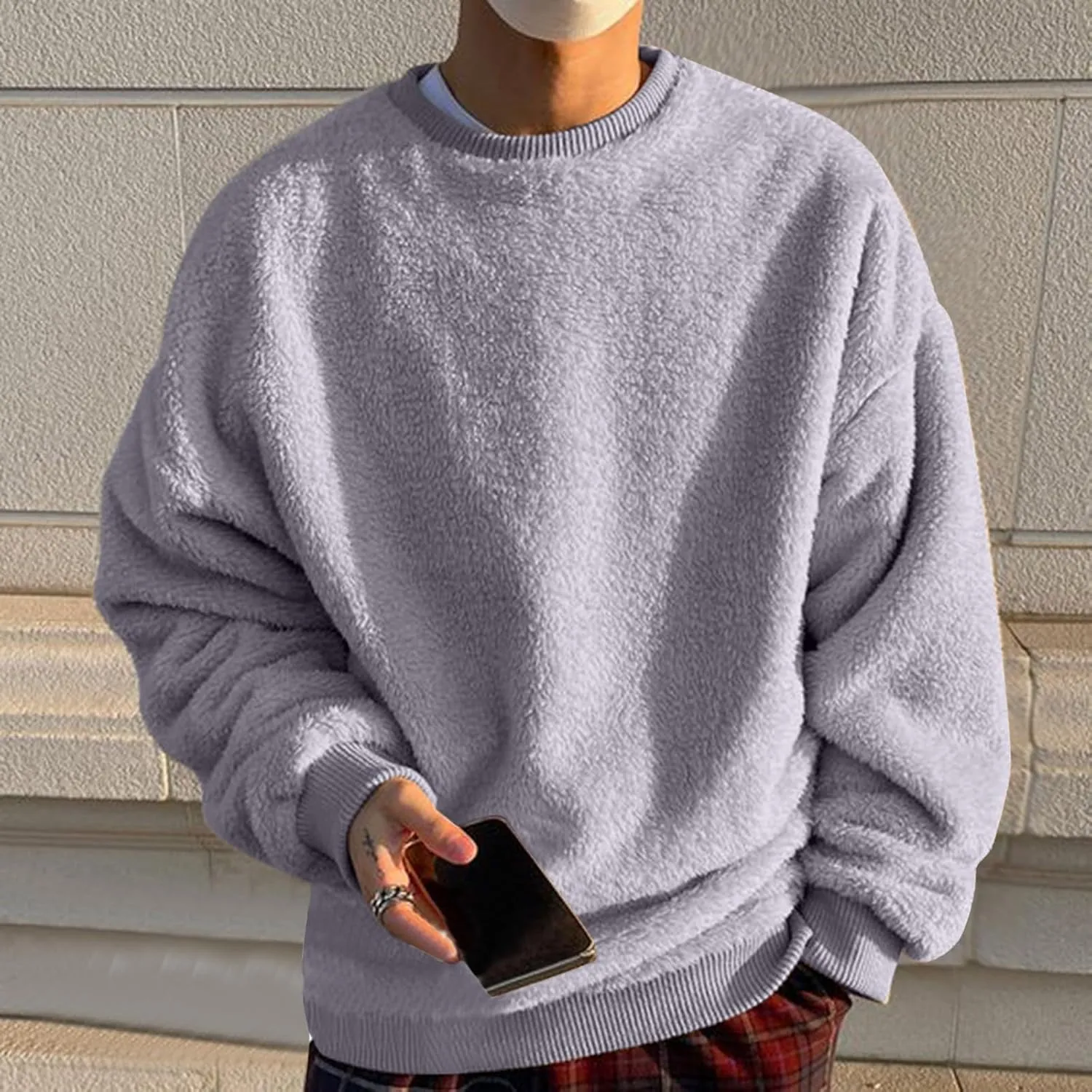 Men Fuzzy Plush Casual Sweatshirt Fleece Sherpa Crewneck Long Sleeve Pullover Winter Solid Color Loose Warm Soft Sweater Tops