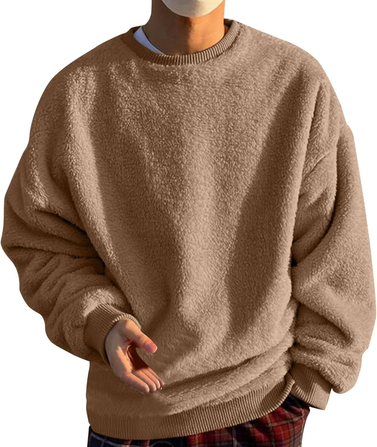Men Fuzzy Plush Casual Sweatshirt Fleece Sherpa Crewneck Long Sleeve Pullover Winter Solid Color Loose Warm Soft Sweater Tops