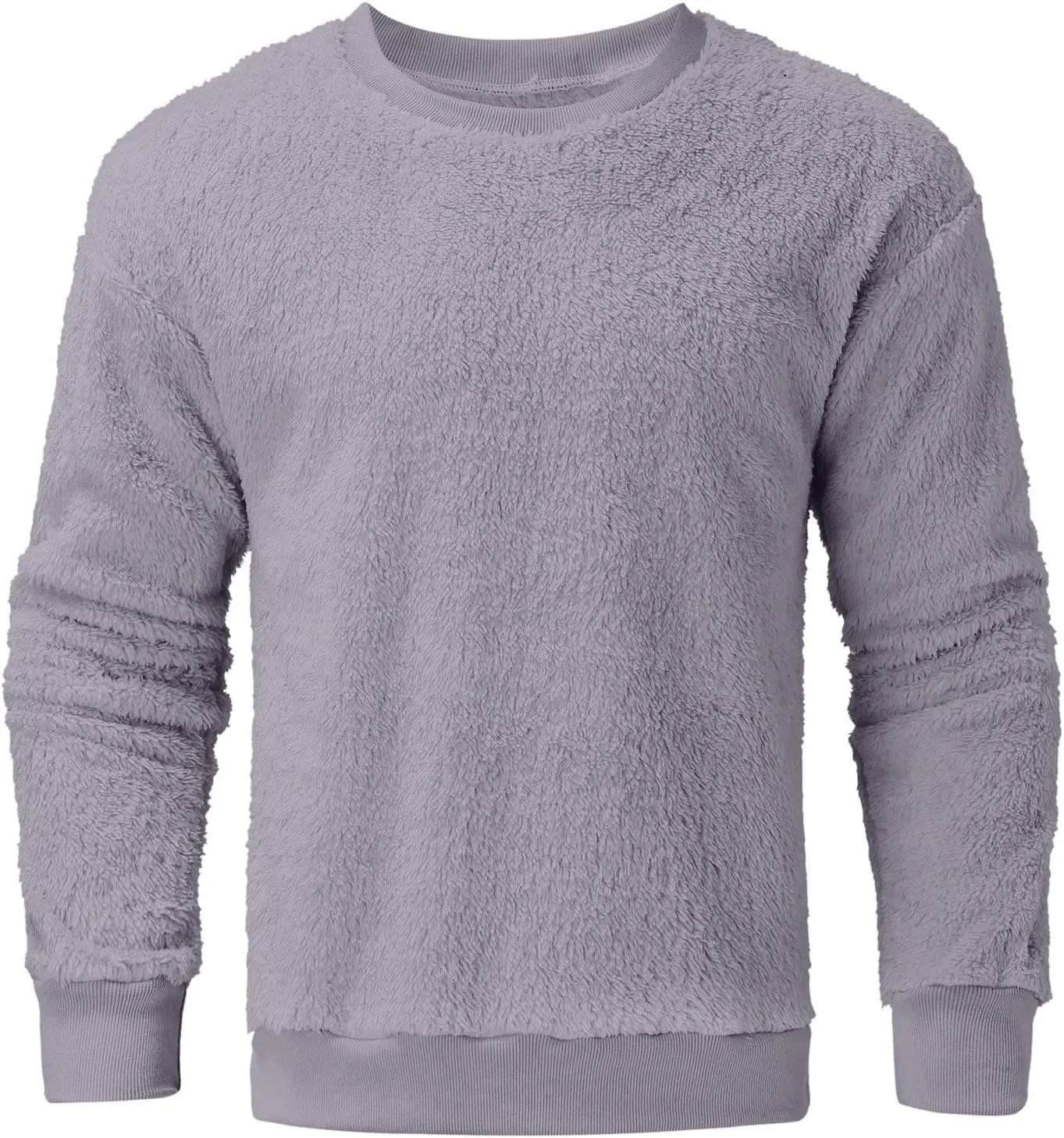 Men Fuzzy Plush Casual Sweatshirt Fleece Sherpa Crewneck Long Sleeve Pullover Winter Solid Color Loose Warm Soft Sweater Tops