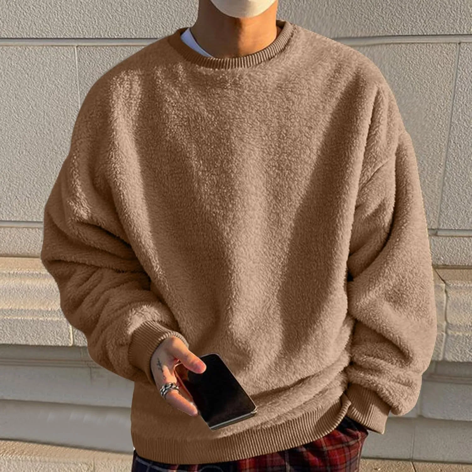 Men Fuzzy Plush Casual Sweatshirt Fleece Sherpa Crewneck Long Sleeve Pullover Winter Solid Color Loose Warm Soft Sweater Tops