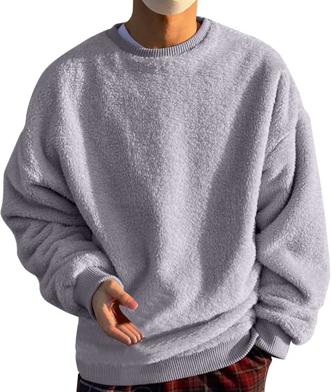 Men Fuzzy Plush Casual Sweatshirt Fleece Sherpa Crewneck Long Sleeve Pullover Winter Solid Color Loose Warm Soft Sweater Tops