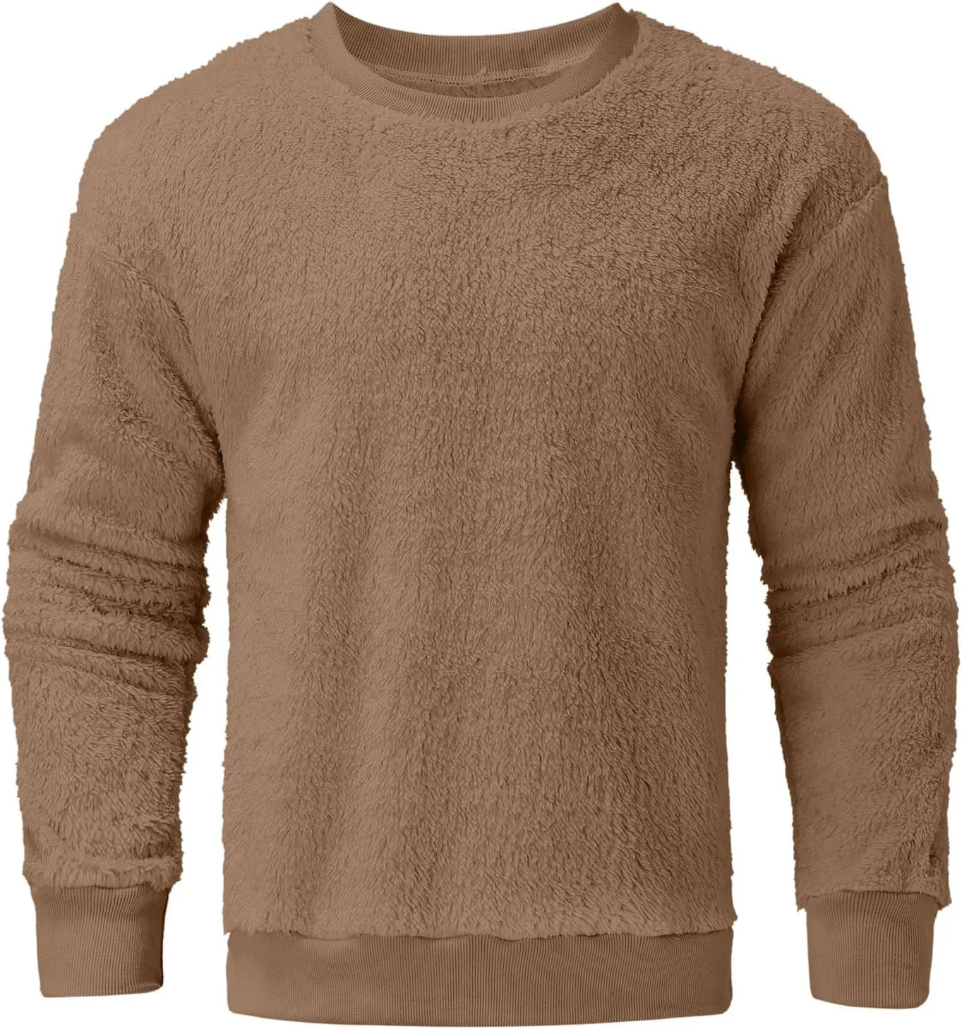 Men Fuzzy Plush Casual Sweatshirt Fleece Sherpa Crewneck Long Sleeve Pullover Winter Solid Color Loose Warm Soft Sweater Tops