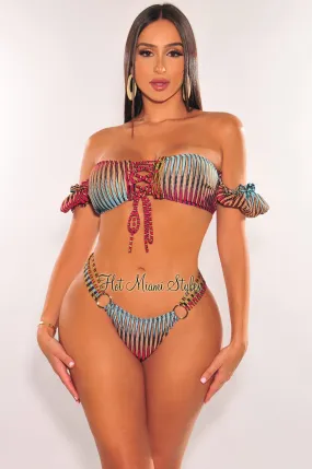 Multi Color Ribbed Off Shoulder Lace Up Strappy O-Ring Bikini Top