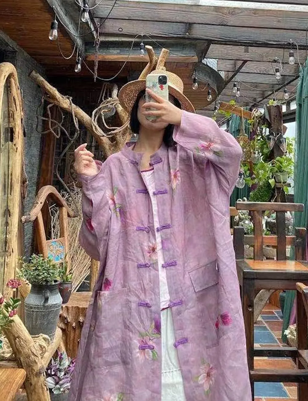 NFYM Women's Long Jacket Thin Kimono Vintage Chinese Frog Button Cape Trench Pockets Linen Blouse Loose Long Shirt Dresses