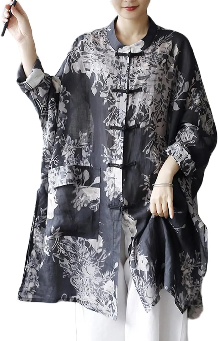NFYM Women's Long Jacket Thin Kimono Vintage Chinese Frog Button Cape Trench Pockets Linen Blouse Loose Long Shirt Dresses