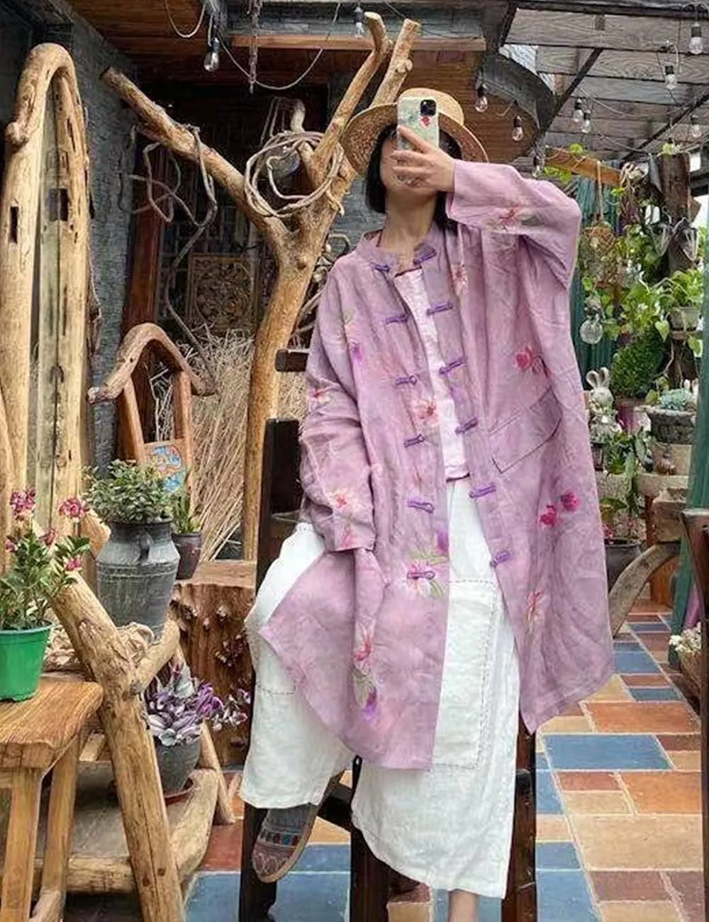NFYM Women's Long Jacket Thin Kimono Vintage Chinese Frog Button Cape Trench Pockets Linen Blouse Loose Long Shirt Dresses