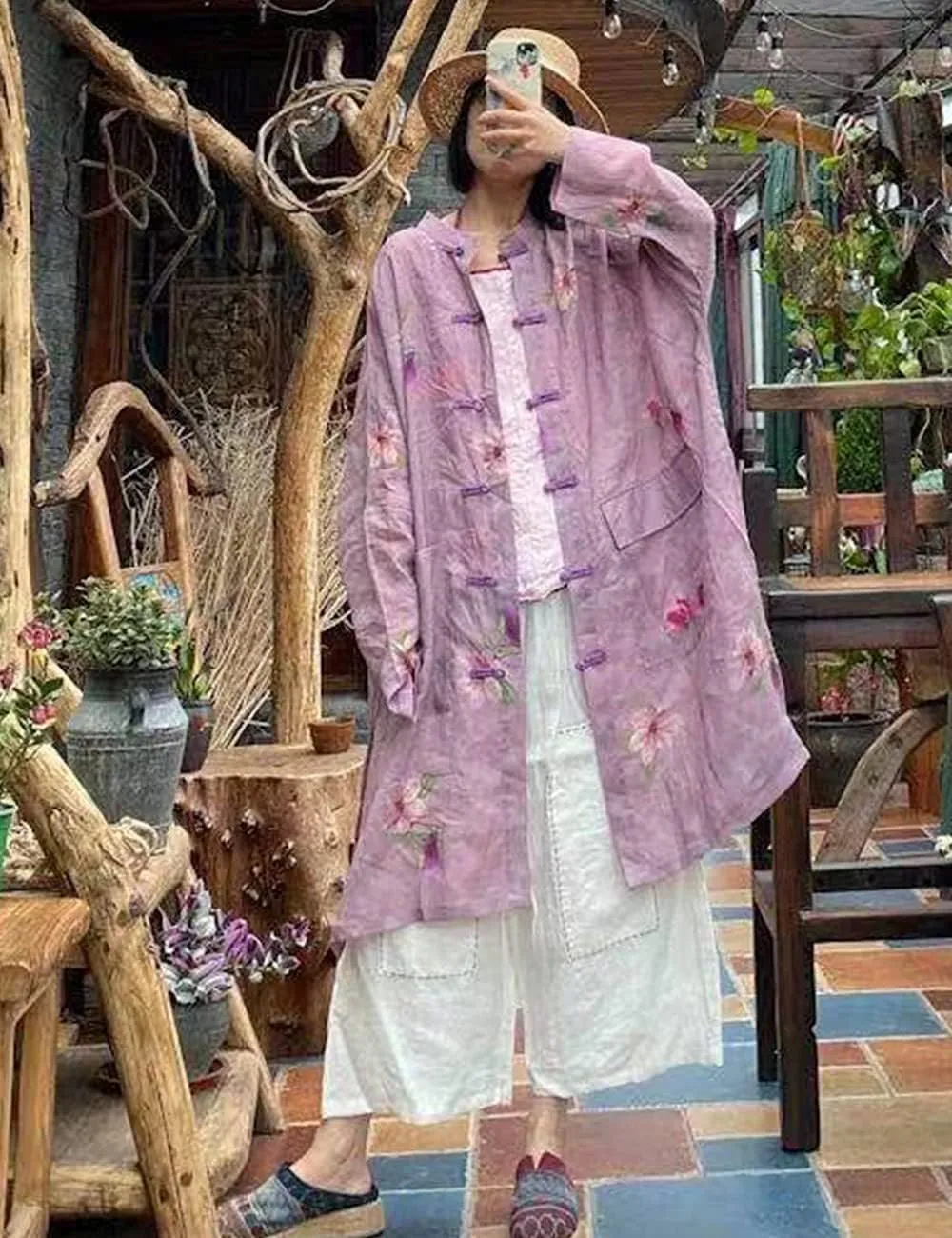 NFYM Women's Long Jacket Thin Kimono Vintage Chinese Frog Button Cape Trench Pockets Linen Blouse Loose Long Shirt Dresses