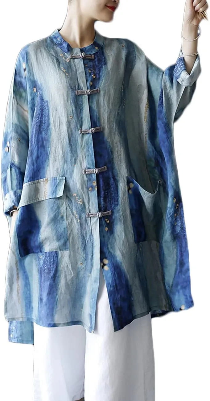 NFYM Women's Long Jacket Thin Kimono Vintage Chinese Frog Button Cape Trench Pockets Linen Blouse Loose Long Shirt Dresses