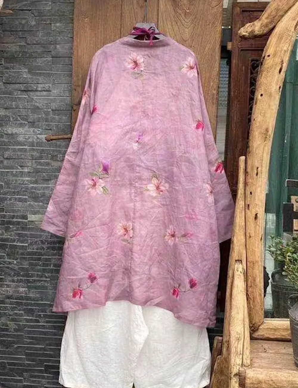 NFYM Women's Long Jacket Thin Kimono Vintage Chinese Frog Button Cape Trench Pockets Linen Blouse Loose Long Shirt Dresses