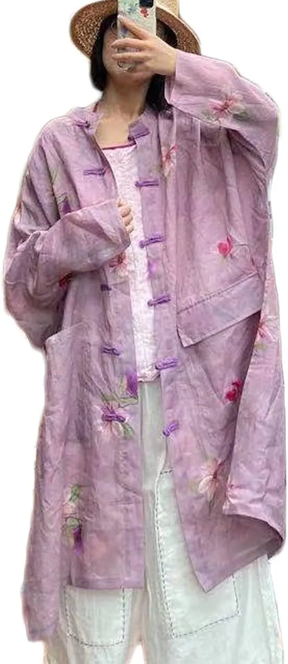NFYM Women's Long Jacket Thin Kimono Vintage Chinese Frog Button Cape Trench Pockets Linen Blouse Loose Long Shirt Dresses