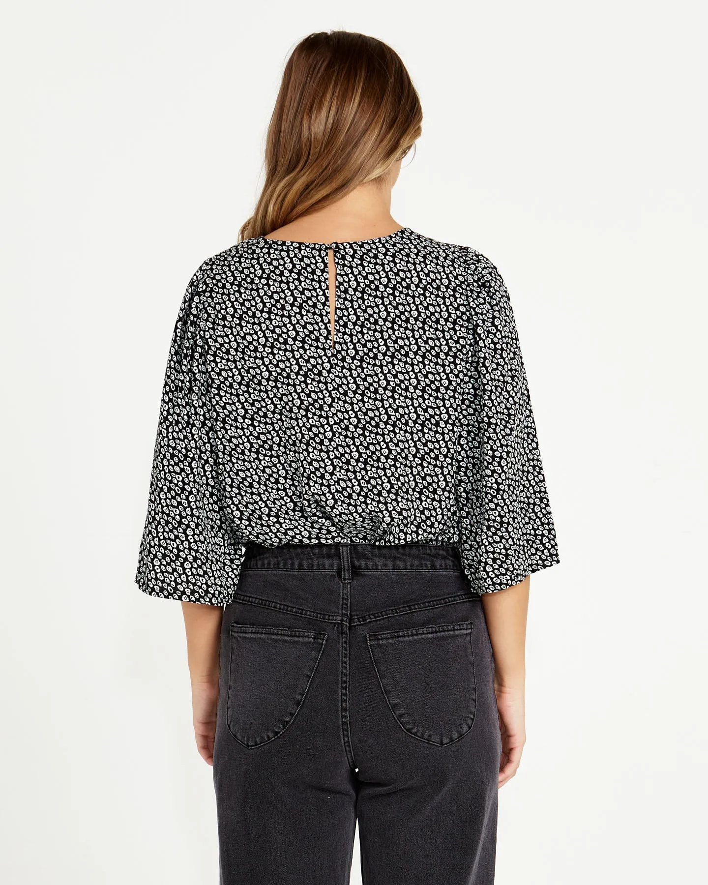 Nicolette Kimono Sleeve Top - Black/White Boho Animal