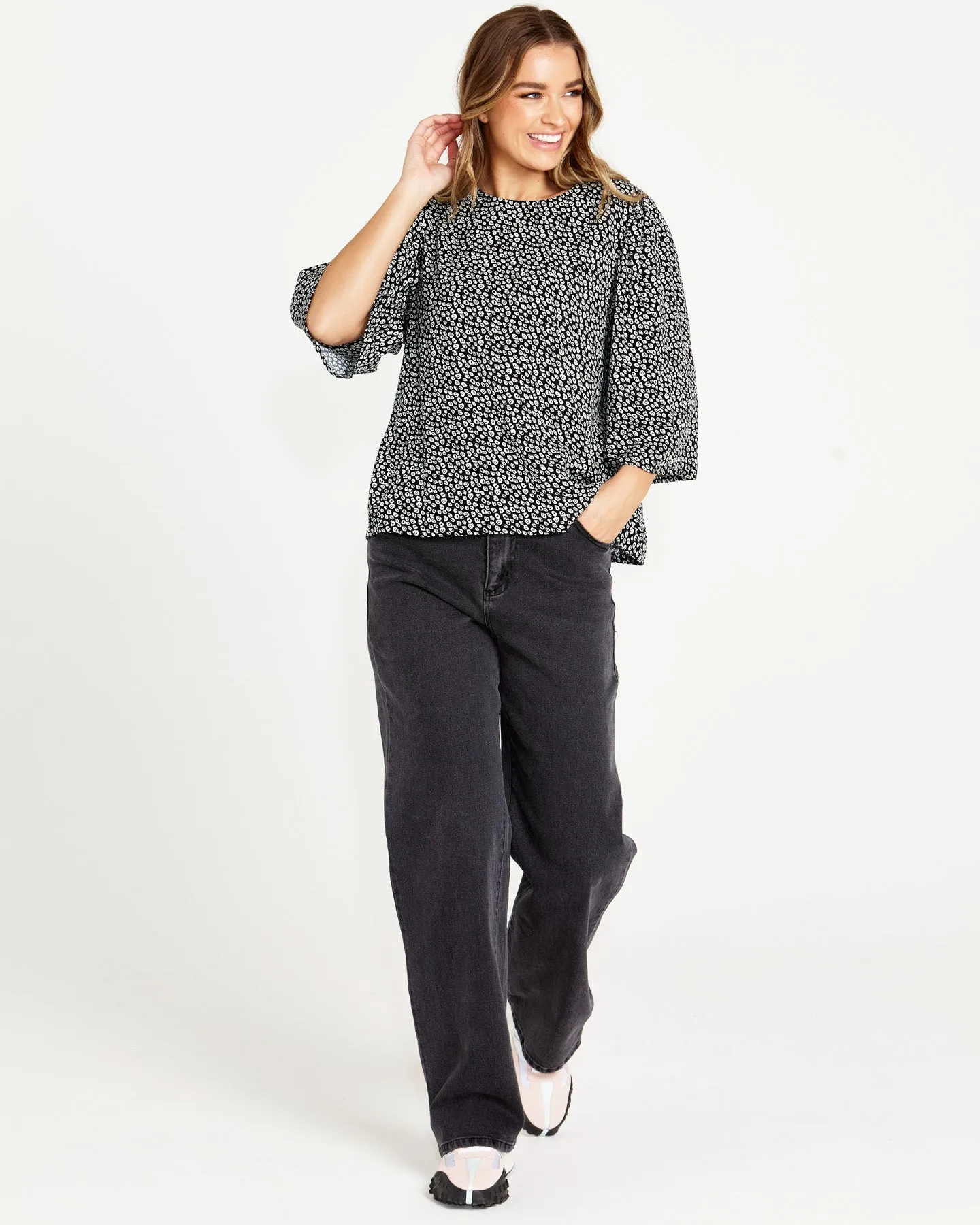 Nicolette Kimono Sleeve Top - Black/White Boho Animal
