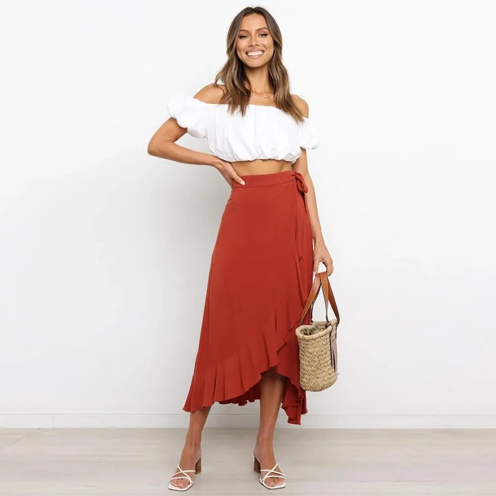 ODIZLI Women's Wrap Skirt High Waist Irregular High-Low Hemline Tie Waist Ruffle A-line Midi Skirt