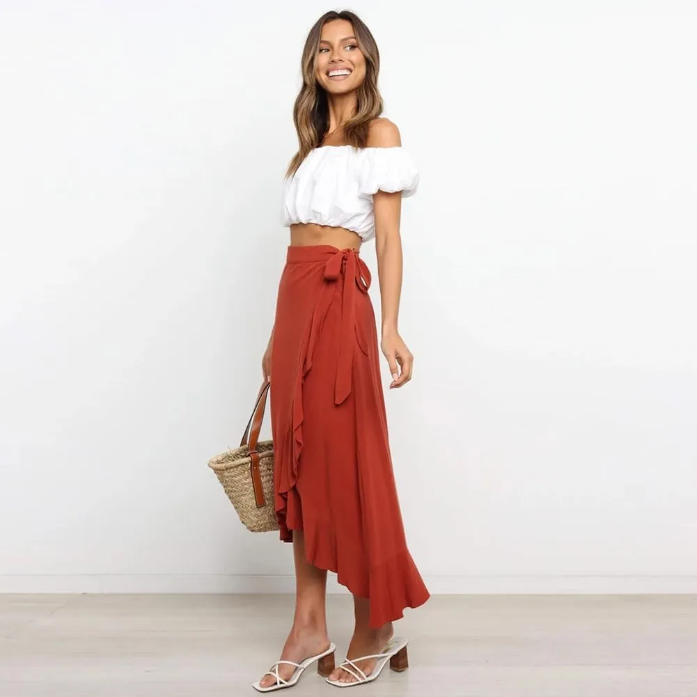 ODIZLI Women's Wrap Skirt High Waist Irregular High-Low Hemline Tie Waist Ruffle A-line Midi Skirt
