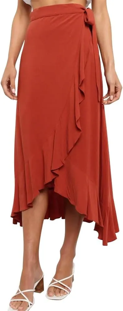 ODIZLI Women's Wrap Skirt High Waist Irregular High-Low Hemline Tie Waist Ruffle A-line Midi Skirt