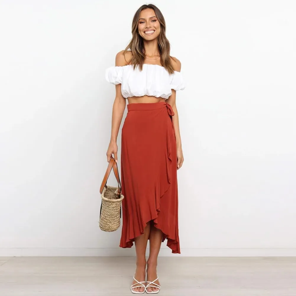 ODIZLI Women's Wrap Skirt High Waist Irregular High-Low Hemline Tie Waist Ruffle A-line Midi Skirt