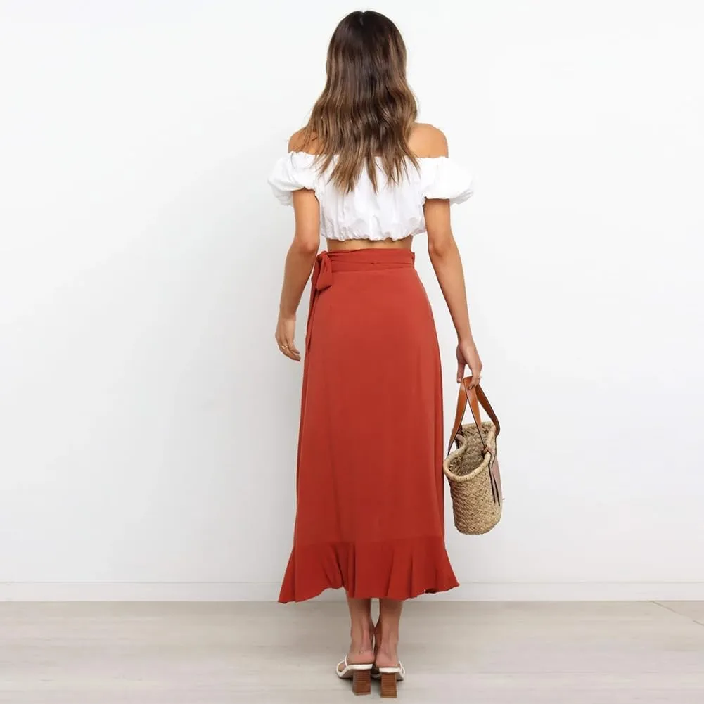 ODIZLI Women's Wrap Skirt High Waist Irregular High-Low Hemline Tie Waist Ruffle A-line Midi Skirt