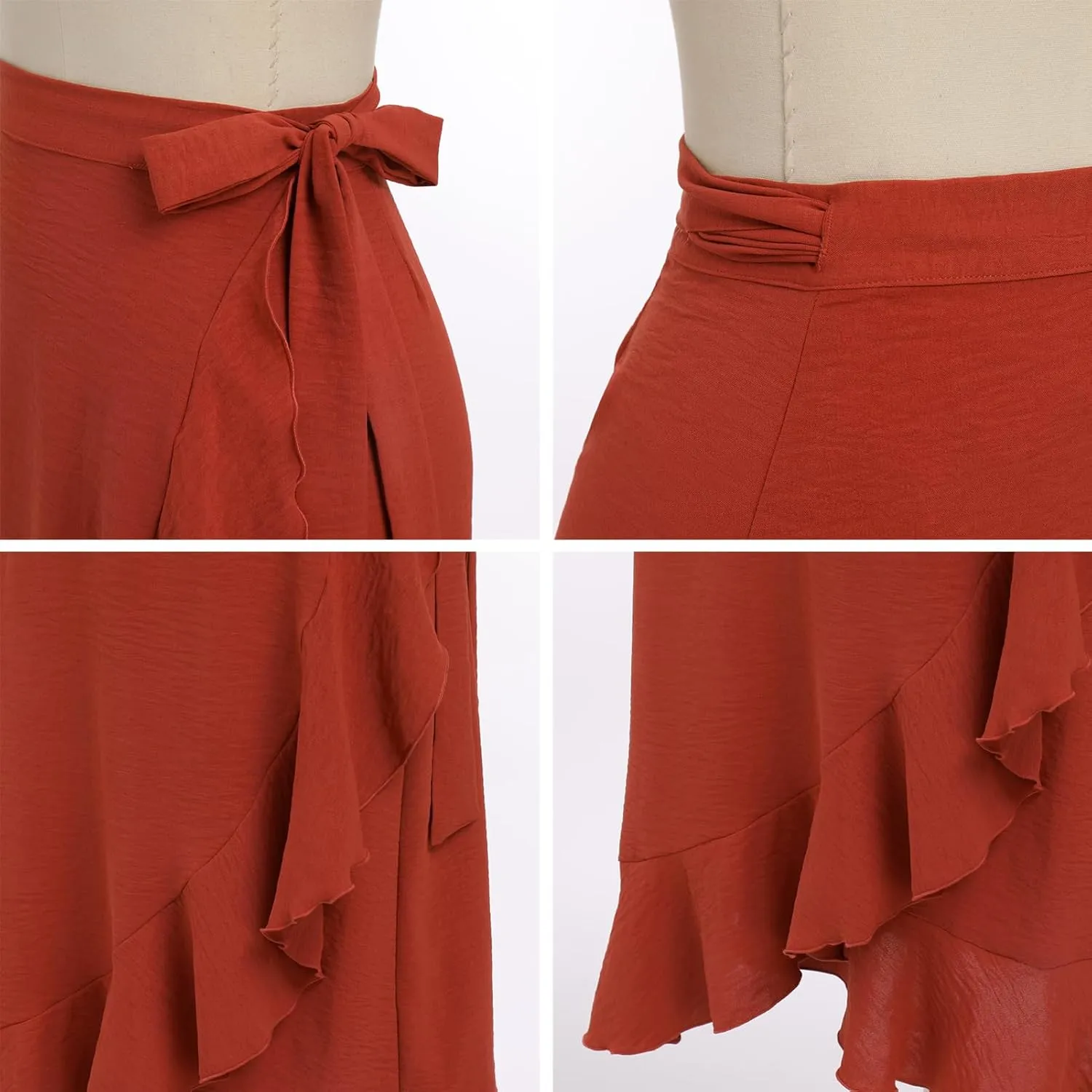 ODIZLI Women's Wrap Skirt High Waist Irregular High-Low Hemline Tie Waist Ruffle A-line Midi Skirt