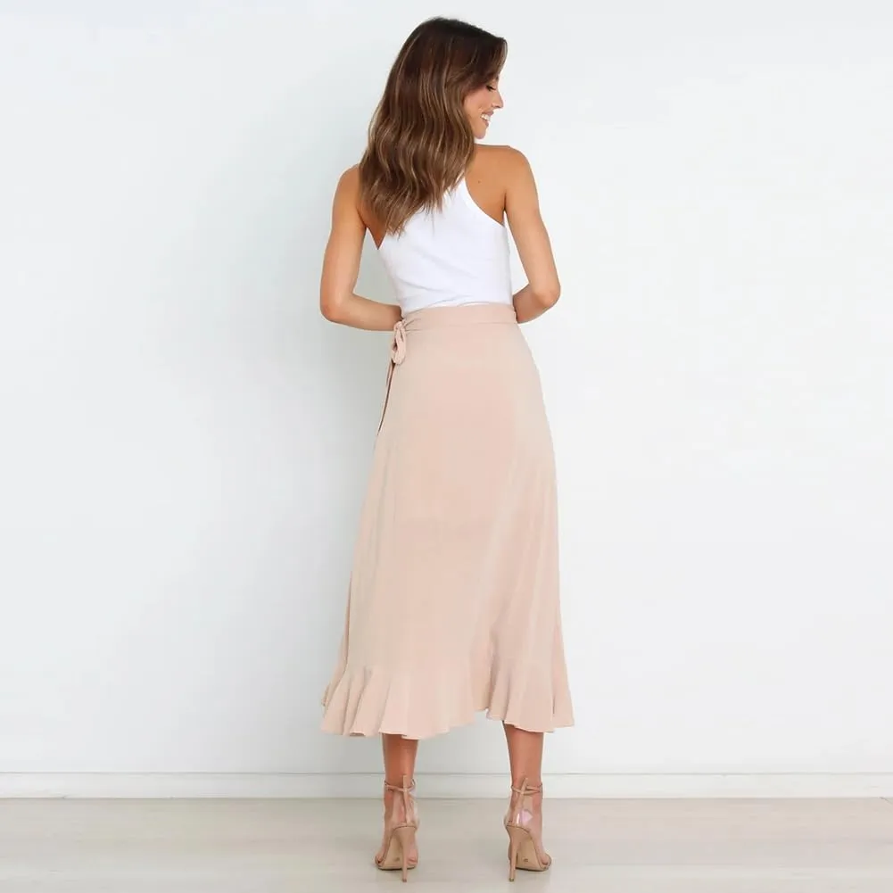 ODIZLI Women's Wrap Skirt High Waist Irregular High-Low Hemline Tie Waist Ruffle A-line Midi Skirt