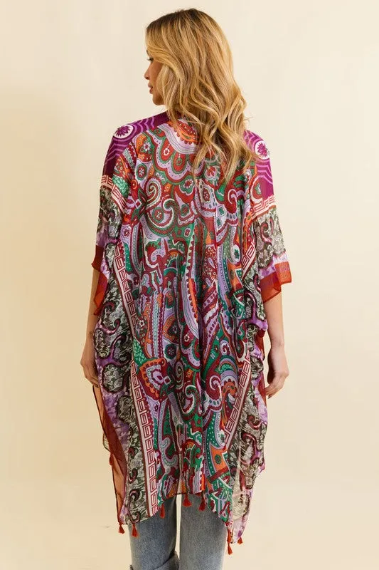 Paisley Printed Open Front Kimono w/ Cinched Arms