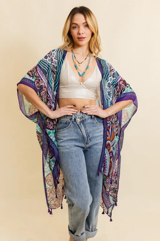 Paisley Printed Open Front Kimono w/ Cinched Arms