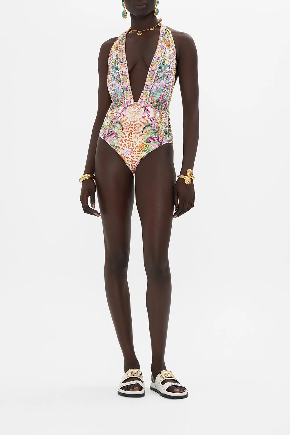 PLUNGE NECK HALTER ONE PIECE FLOWERS OF NEPTUNE