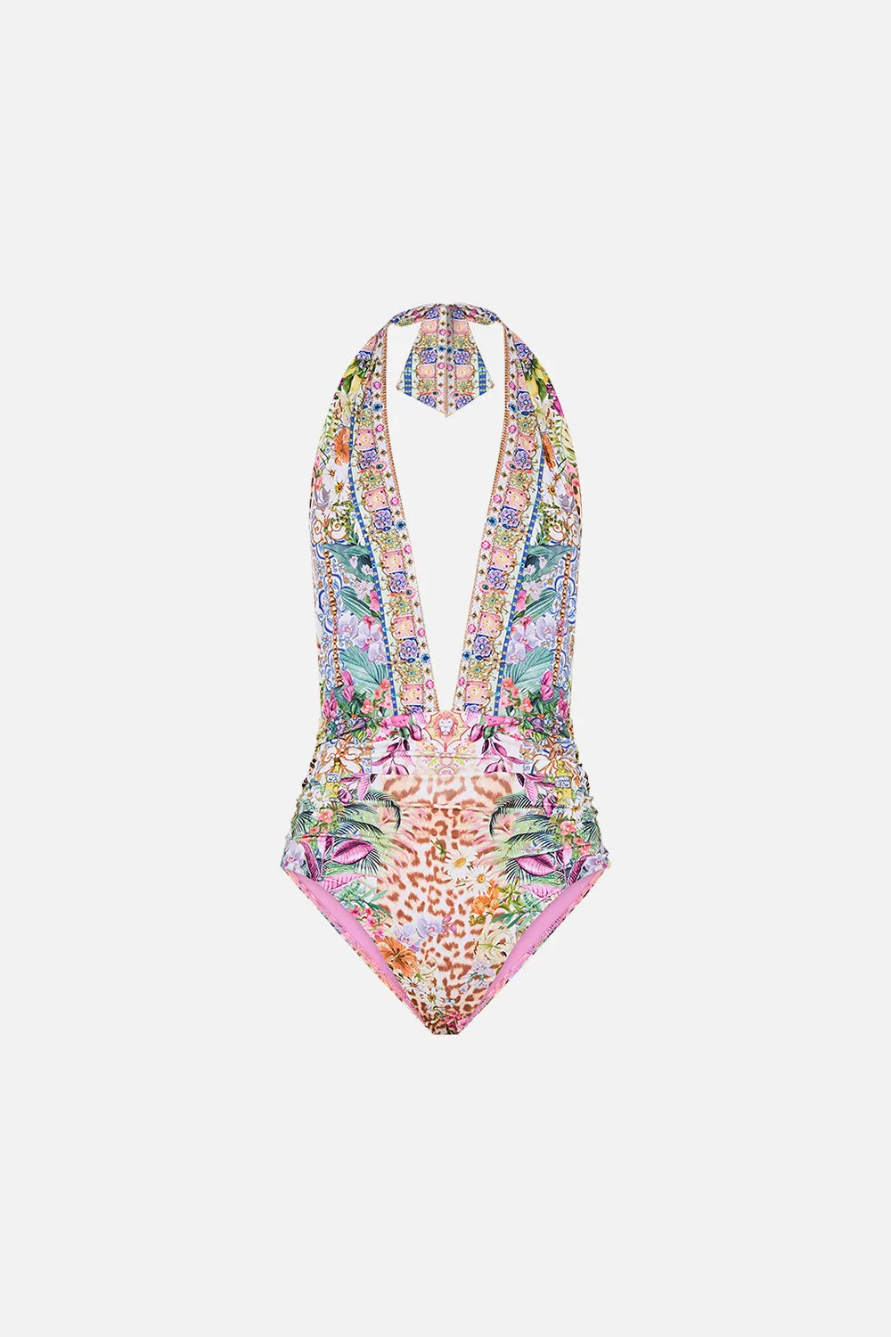 PLUNGE NECK HALTER ONE PIECE FLOWERS OF NEPTUNE