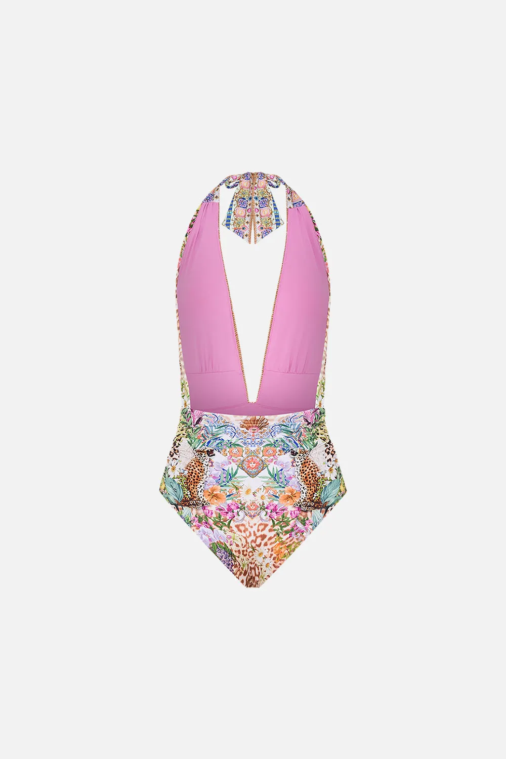 PLUNGE NECK HALTER ONE PIECE FLOWERS OF NEPTUNE