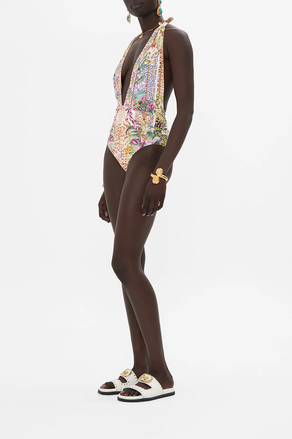 PLUNGE NECK HALTER ONE PIECE FLOWERS OF NEPTUNE