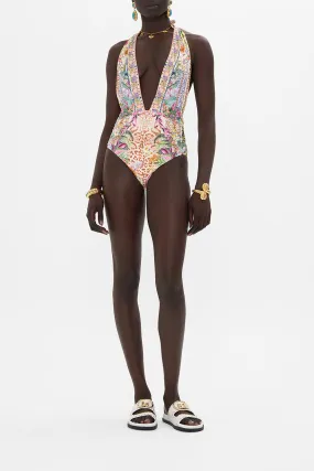 PLUNGE NECK HALTER ONE PIECE FLOWERS OF NEPTUNE
