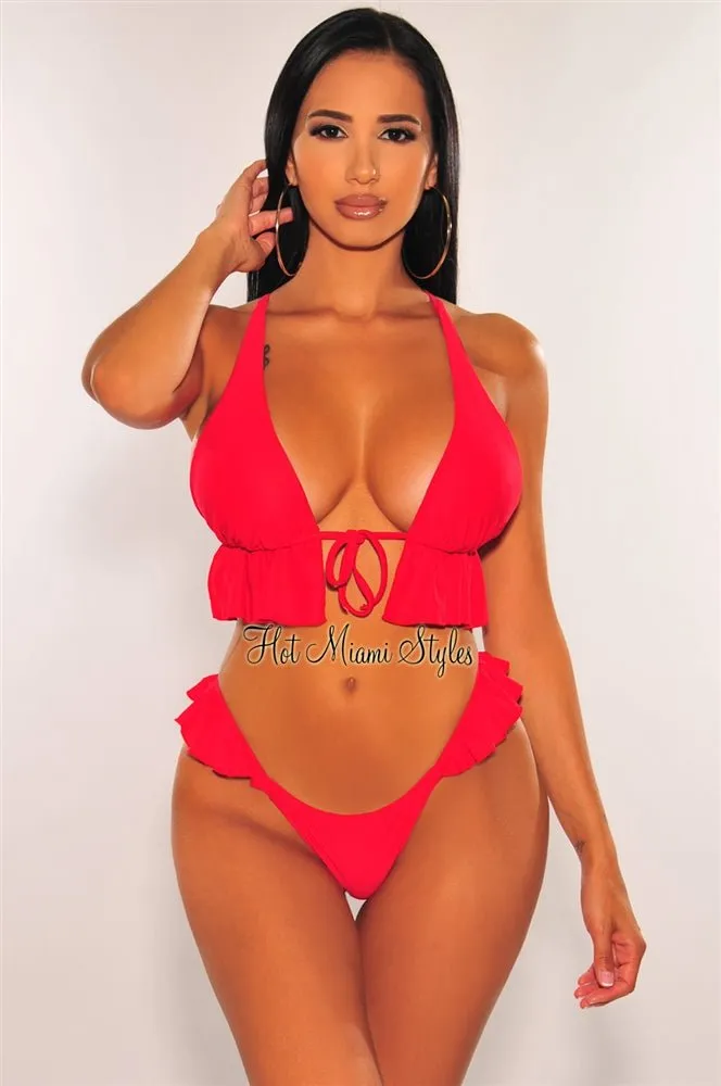 Red Padded Tie Up Ruffle Scrunch Butt Bikini Bottom