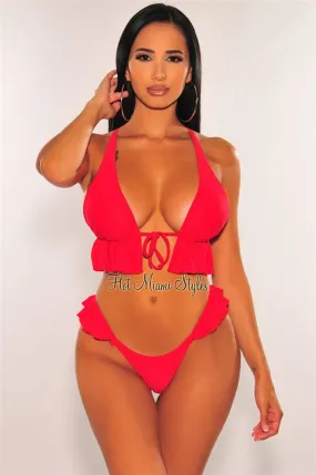 Red Padded Tie Up Ruffle Scrunch Butt Bikini Bottom