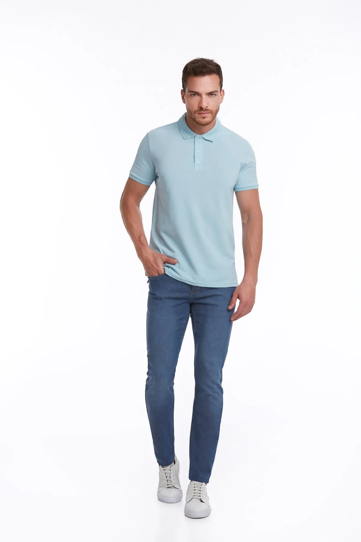 Regular Fit Basic Light Blue 100% Cotton Polo T-Shirt