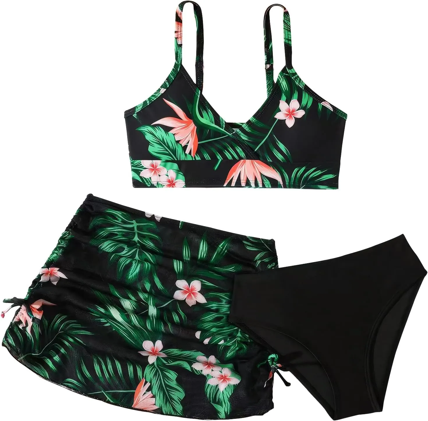 SEAUR Girls' Fashion Bikini Sets Cute 3 Piece Swimsuits V Neck Floral Printed Swimwear Beach Bathing Suit with Cover Up Skirt
