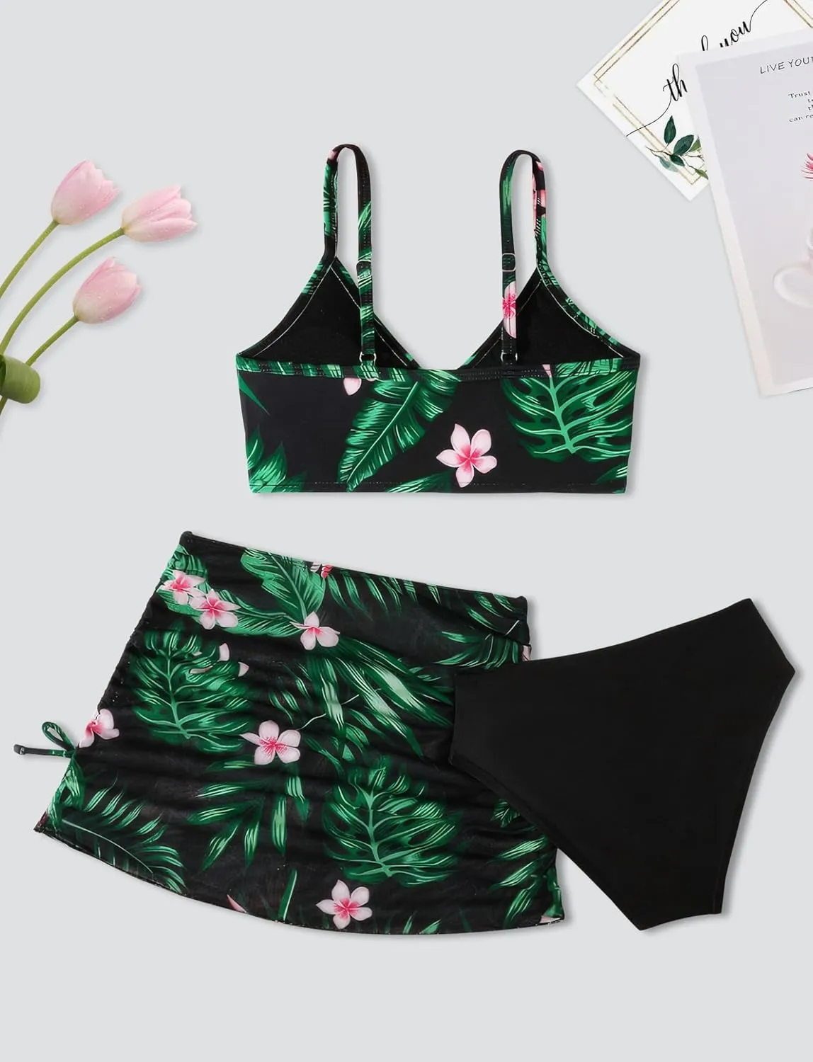 SEAUR Girls' Fashion Bikini Sets Cute 3 Piece Swimsuits V Neck Floral Printed Swimwear Beach Bathing Suit with Cover Up Skirt