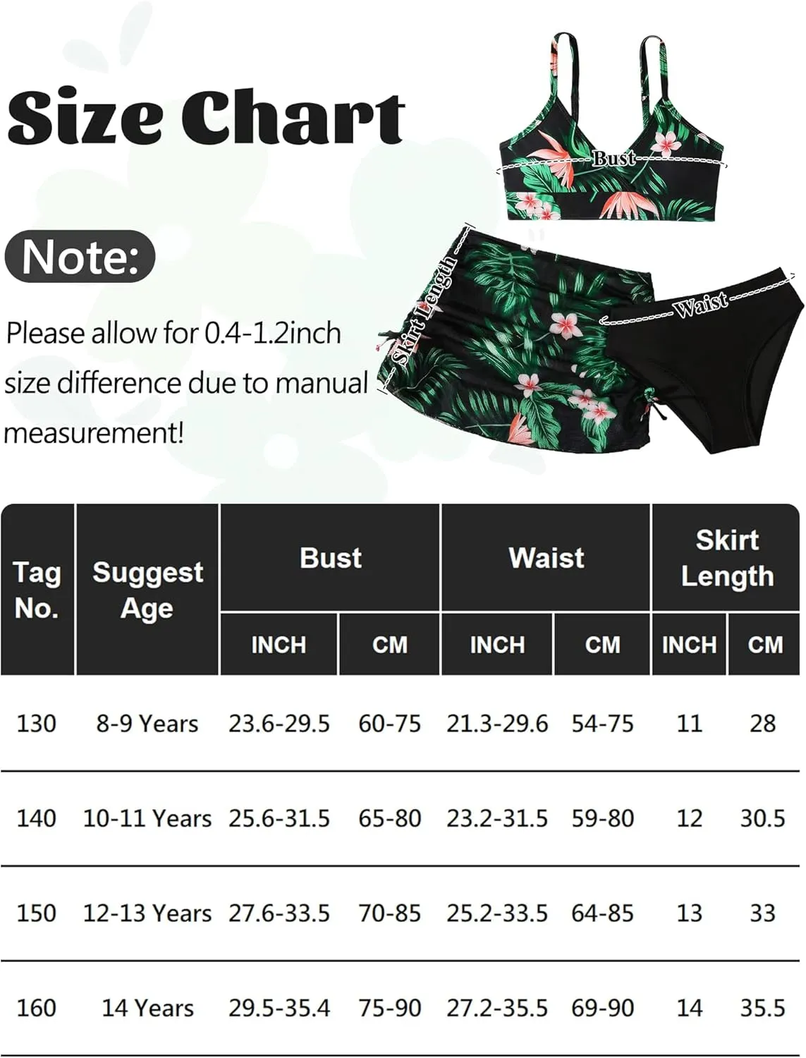 SEAUR Girls' Fashion Bikini Sets Cute 3 Piece Swimsuits V Neck Floral Printed Swimwear Beach Bathing Suit with Cover Up Skirt