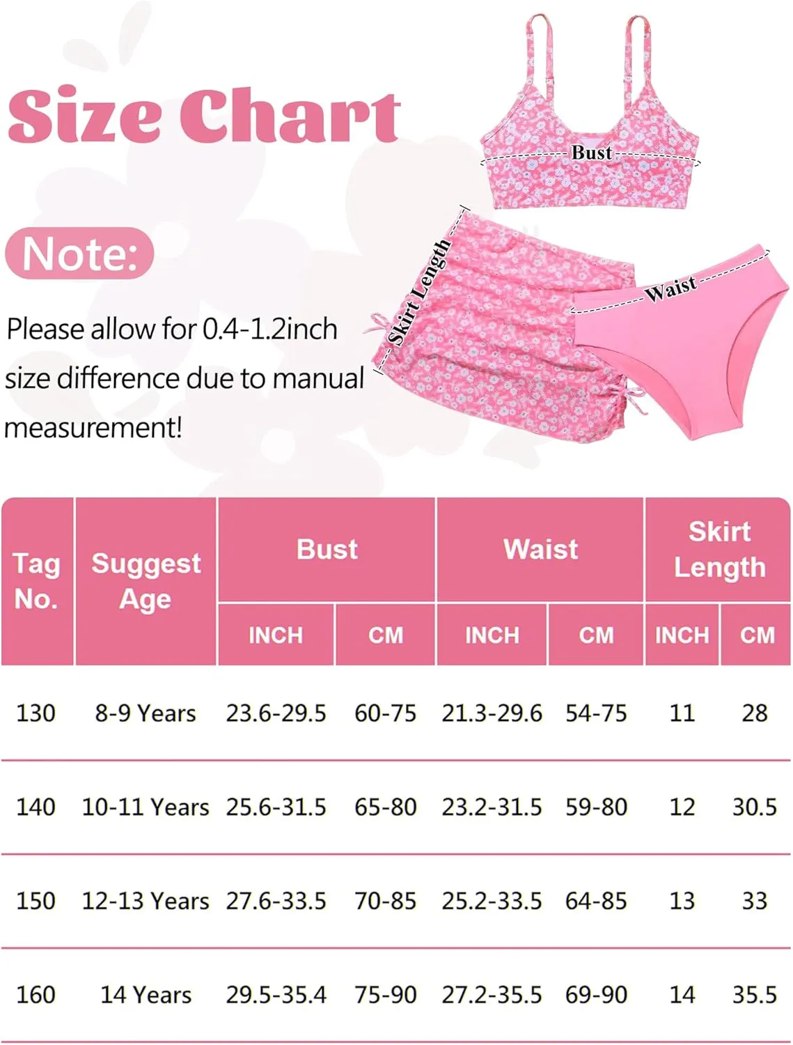 SEAUR Girls' Fashion Bikini Sets Cute 3 Piece Swimsuits V Neck Floral Printed Swimwear Beach Bathing Suit with Cover Up Skirt