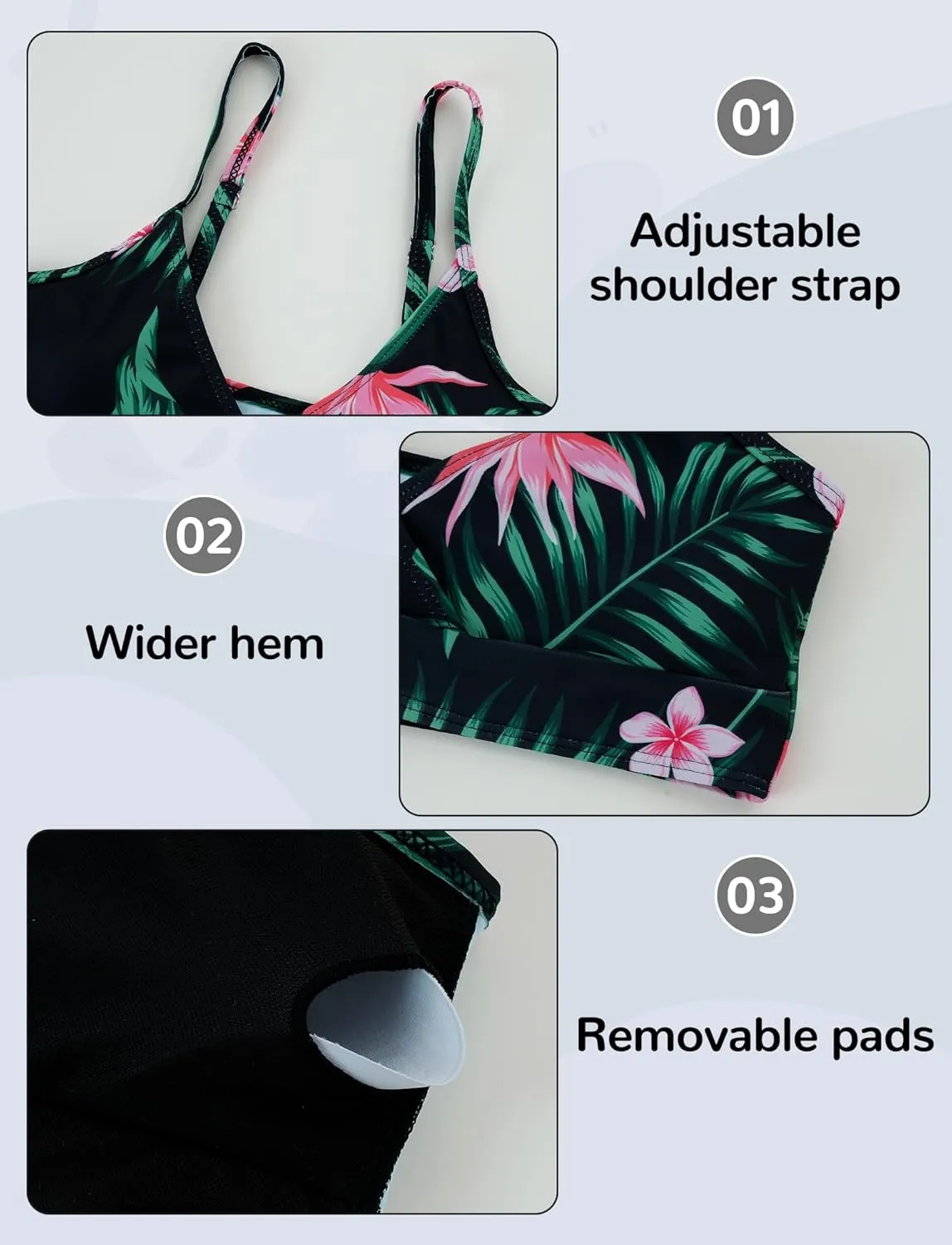 SEAUR Girls' Fashion Bikini Sets Cute 3 Piece Swimsuits V Neck Floral Printed Swimwear Beach Bathing Suit with Cover Up Skirt
